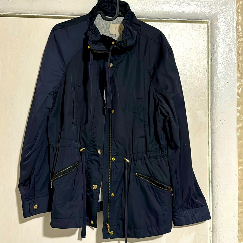Loft navy blue rain jacket with gray inside